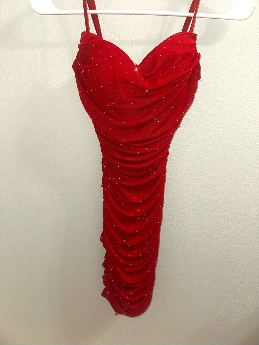 Windsor Red Ruched Rhinestone Midi Dress Homecoming/Prom